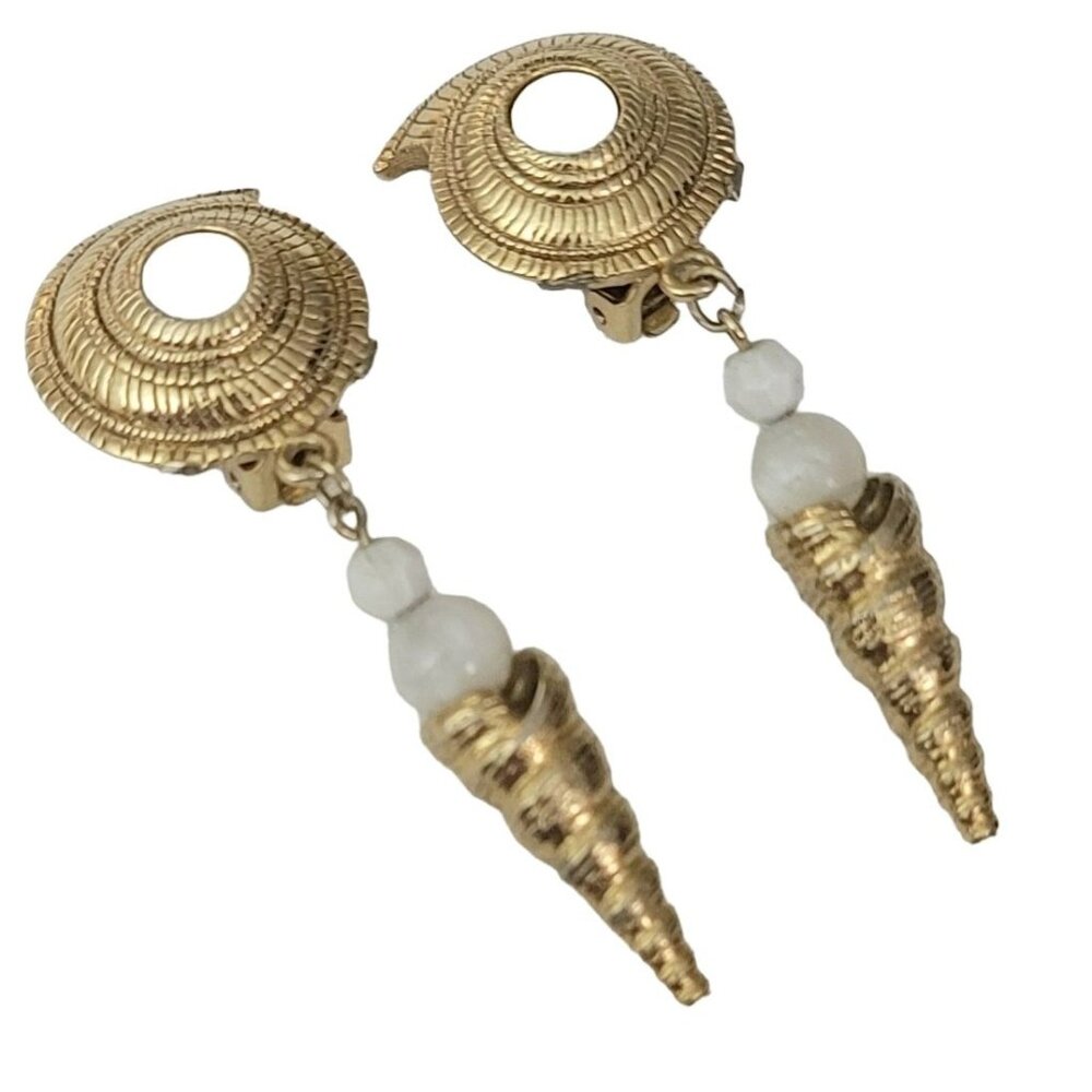 1928 Jewelry Gold Tone Sea Shell Dangle Clip On Earrings